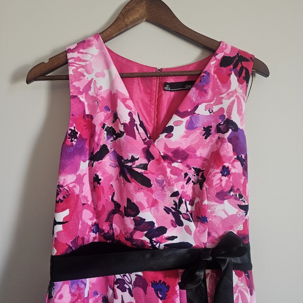 Chetta B‎ Pink Black Floral KneeLength Pleated Midi Dress Y2K Barbiecore Size 10 - Picture 11 of 13